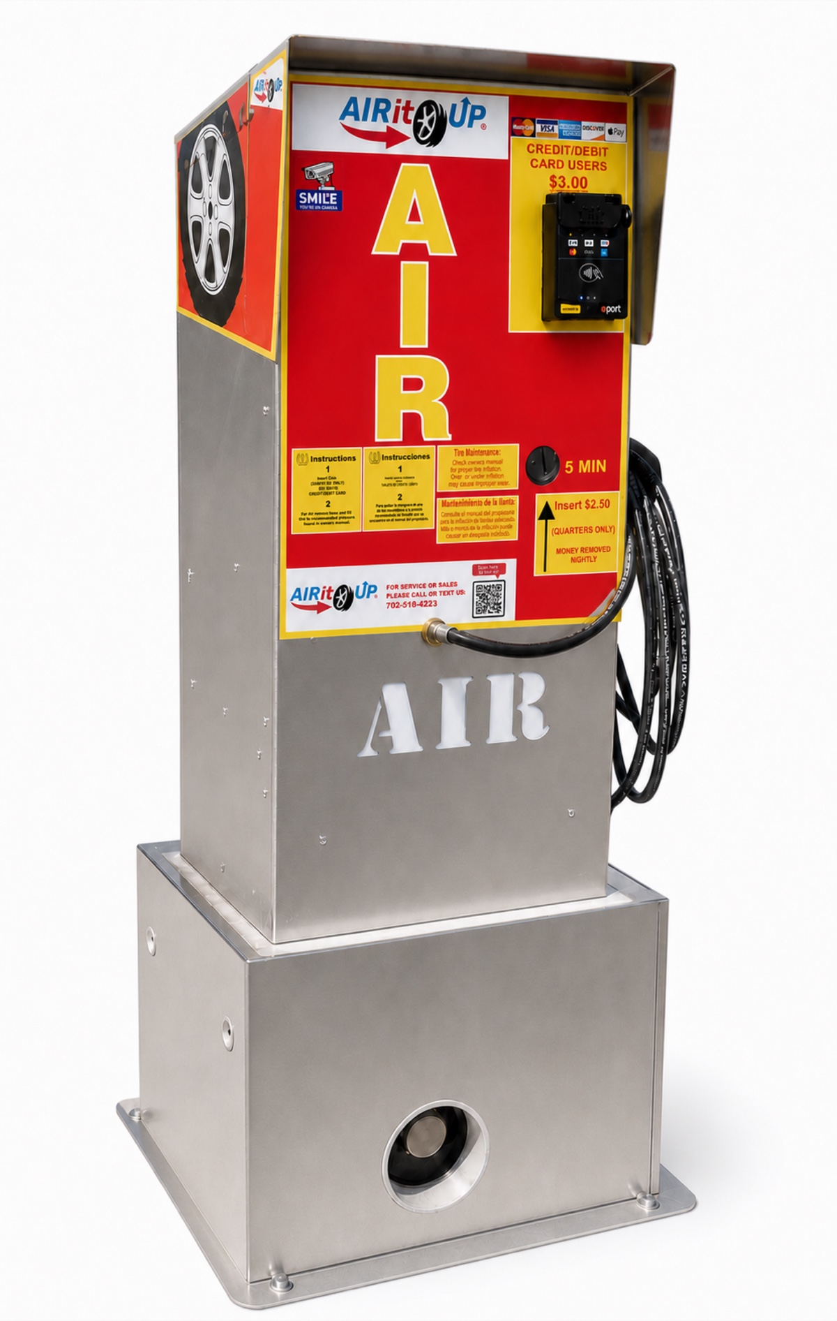Air It Up standalone tire air machine with card reader, hose, and full pedestal base