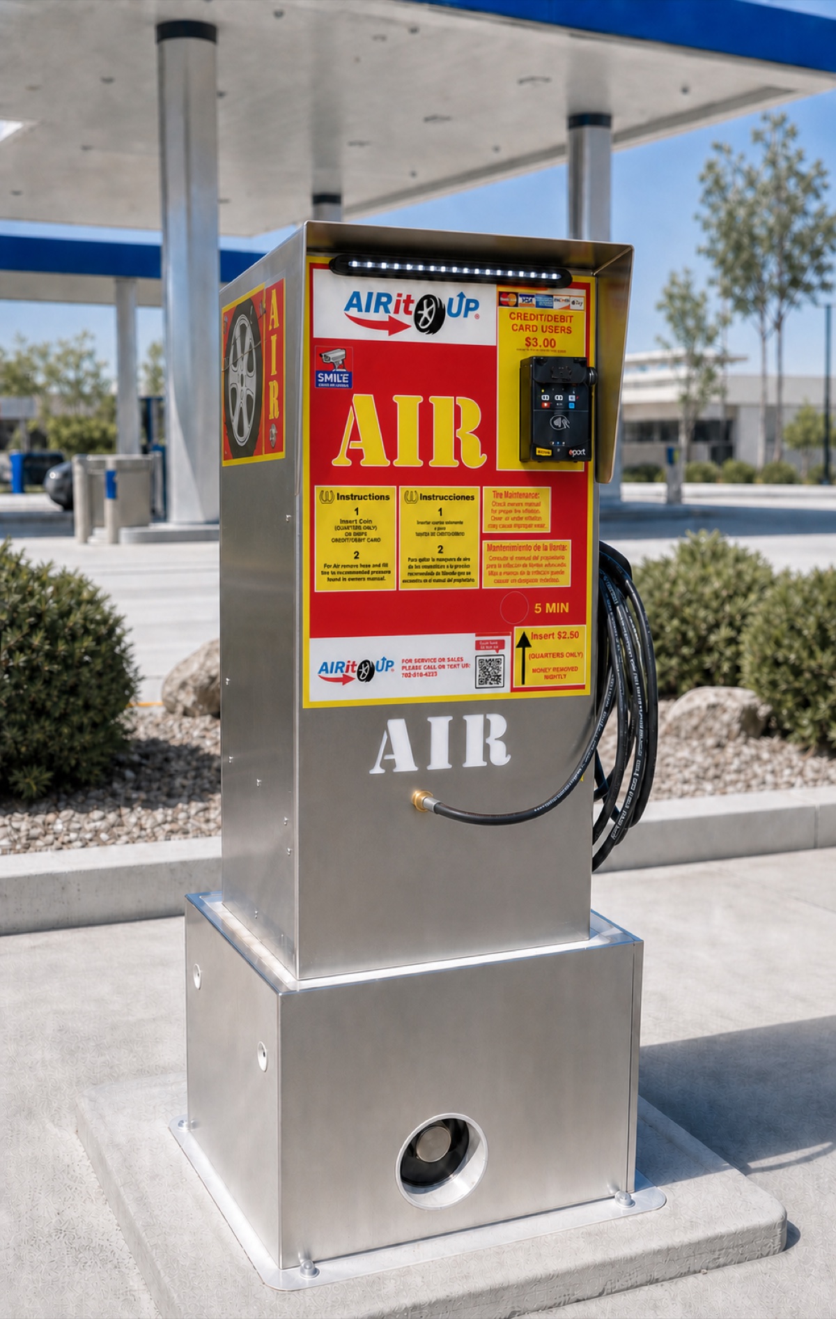 Air It Up standalone tire air machine with card reader, hose, and full pedestal base