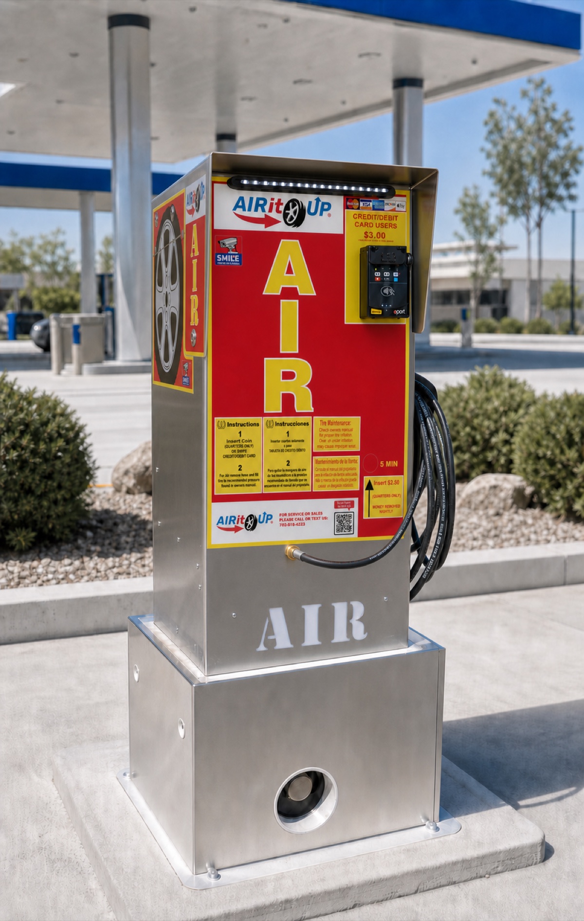 Air It Up standalone tire air machine with card reader, hose, and full pedestal base
