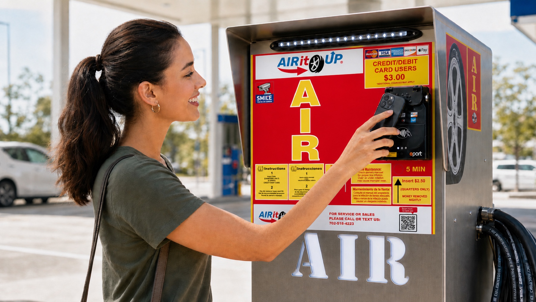 Customer standing close to an Air It Up machine and making a contactless payment at the card reader