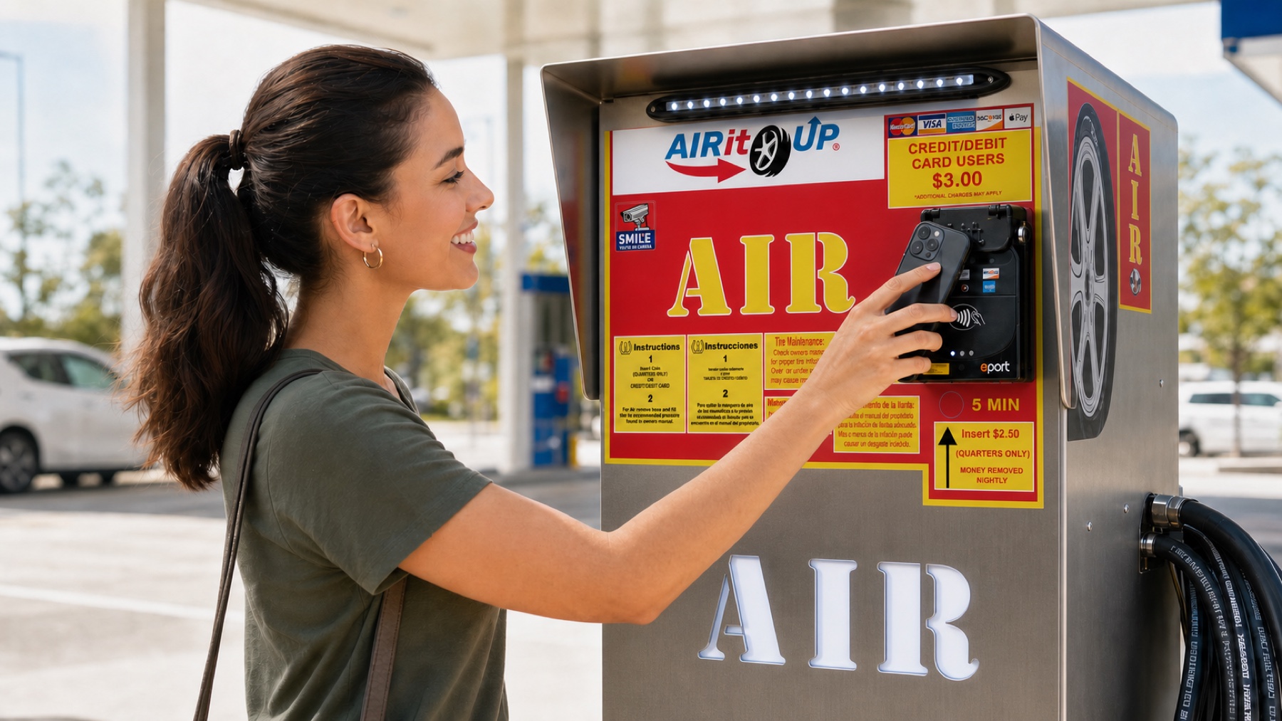 Customer standing close to an Air It Up machine and making a contactless payment at the card reader