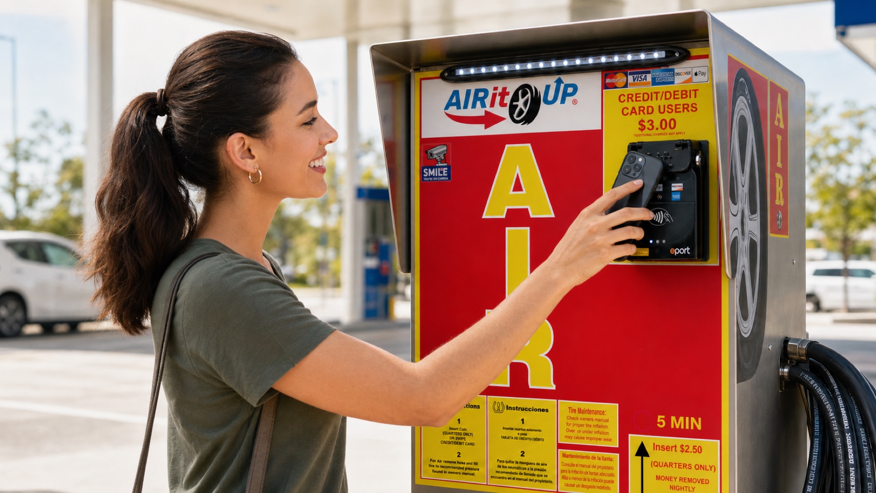 Customer standing close to an Air It Up machine and making a contactless payment at the card reader