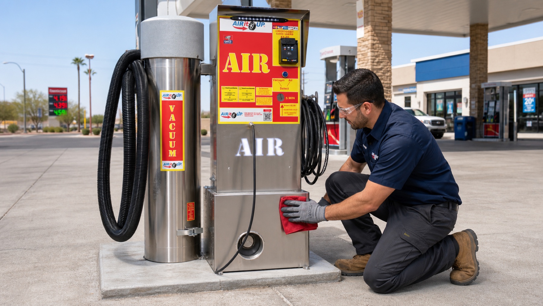 Air It Up service technician cleaning and inspecting an air and vacuum machine