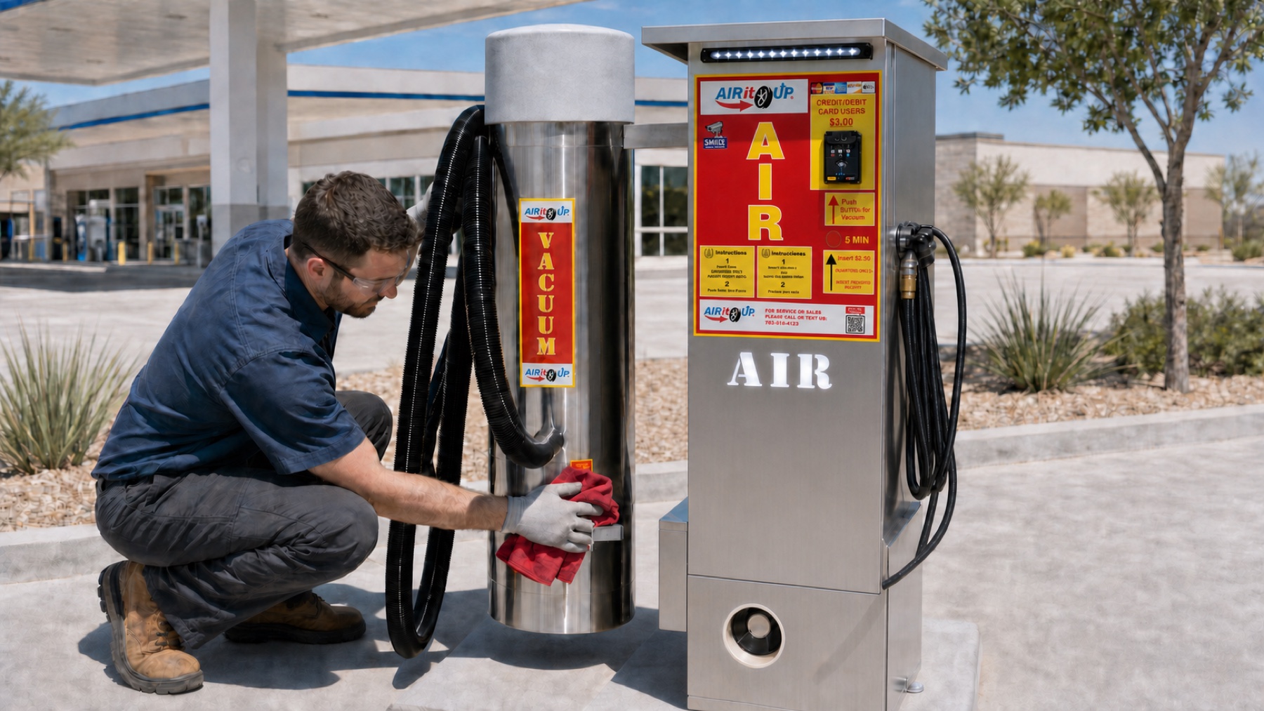 Air It Up service technician cleaning and inspecting an air and vacuum machine