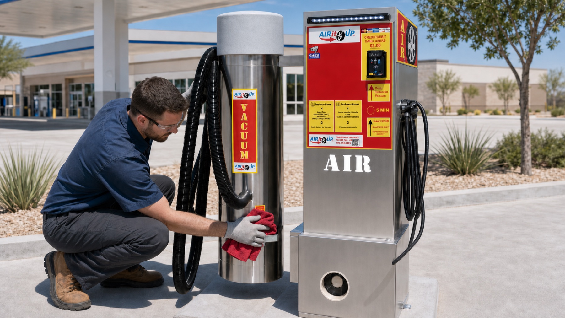 Air It Up service technician cleaning and inspecting an air and vacuum machine