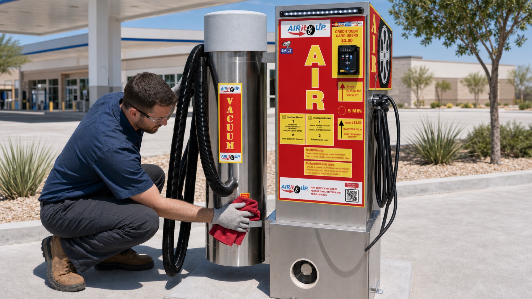 Air It Up service technician cleaning and inspecting an air and vacuum machine