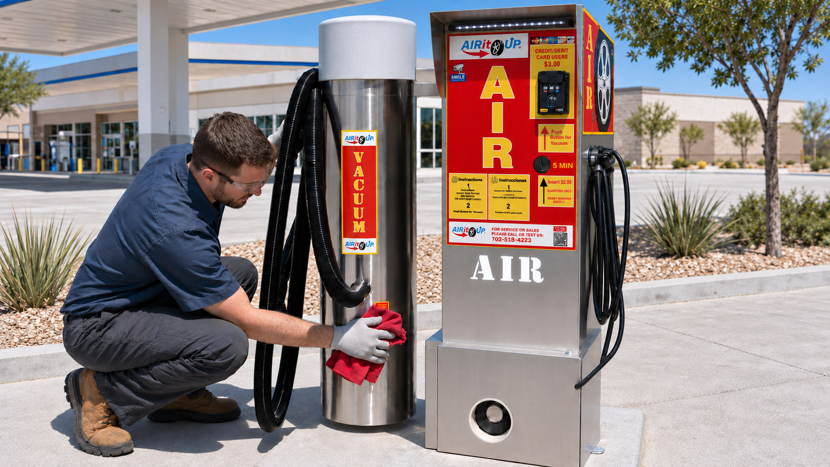 Air It Up service technician cleaning and inspecting an air and vacuum machine